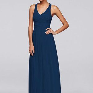 David's Bridal | Mesh Long Bridesmaid Dress with Crisscross Back in Marine